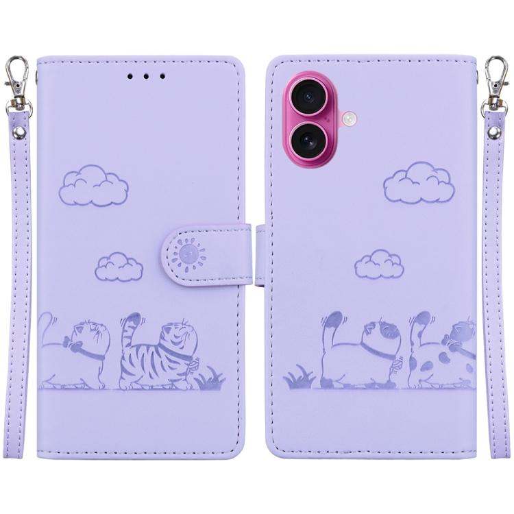For iPhone 17 Cute Cats RFID Leather Phone Case(Purple)