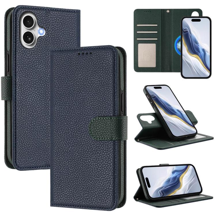 For iPhone 17 Detachable Litchi Texture Magnetic Side-Patch Vegan Leather Phone Case(Dark Blue Dark Green)