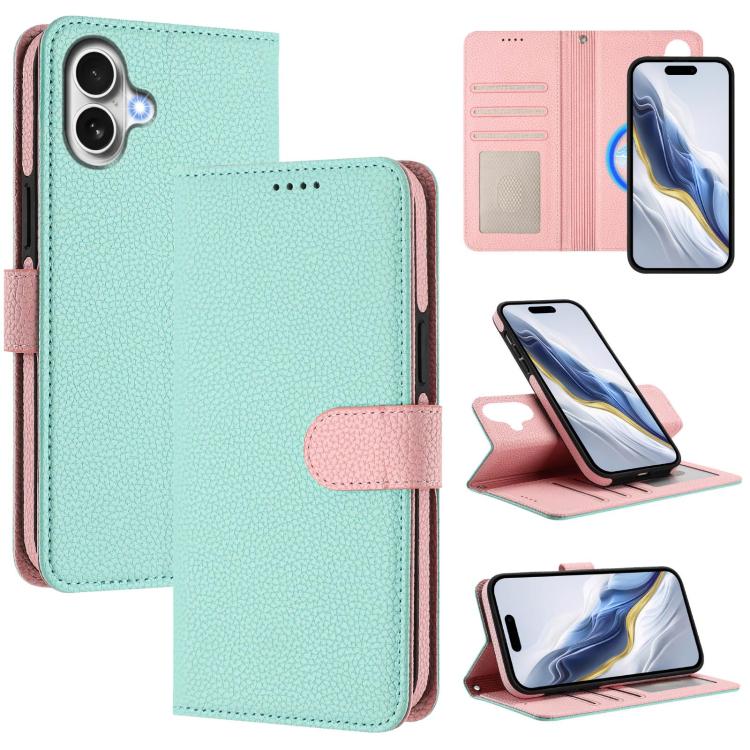 For iPhone 17 Detachable Litchi Texture Magnetic Side-Patch Vegan Leather Phone Case(Mint Green Pink)