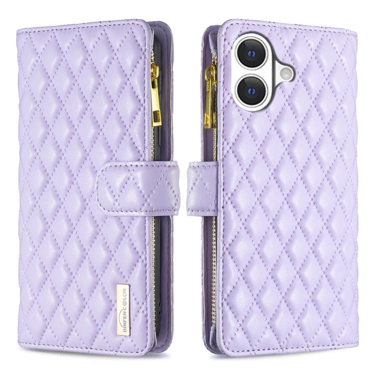 For iPhone 17 Diamond Lattice Zipper Wallet Leather Flip Phone Case(Purple)