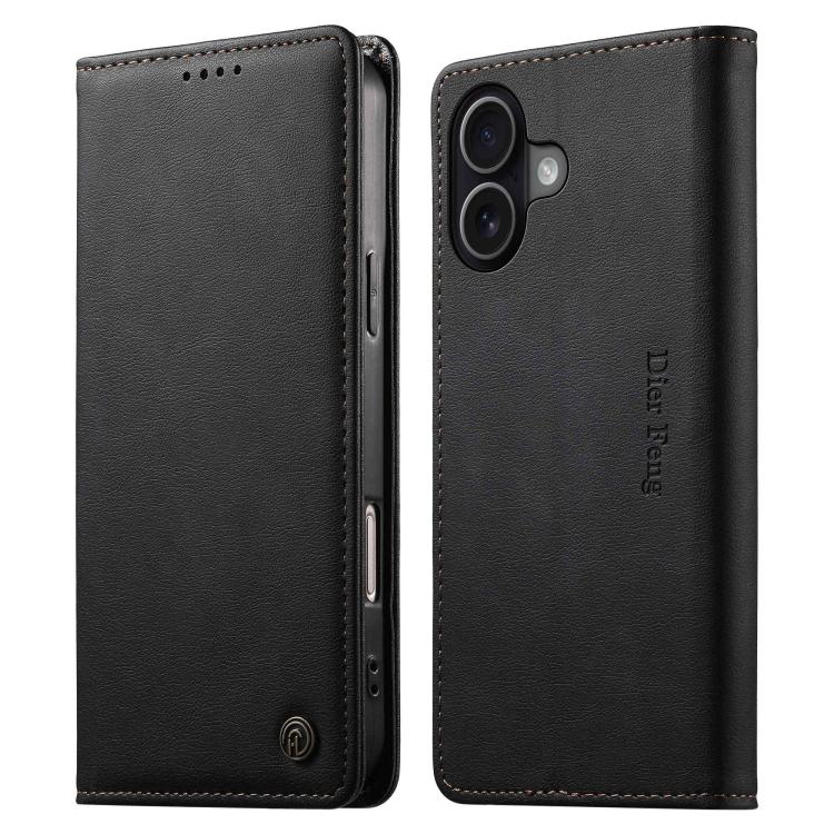For iPhone 17 Dierfeng Metal Snap Magnetic RFID Vegan Leather Phone Case(Black)