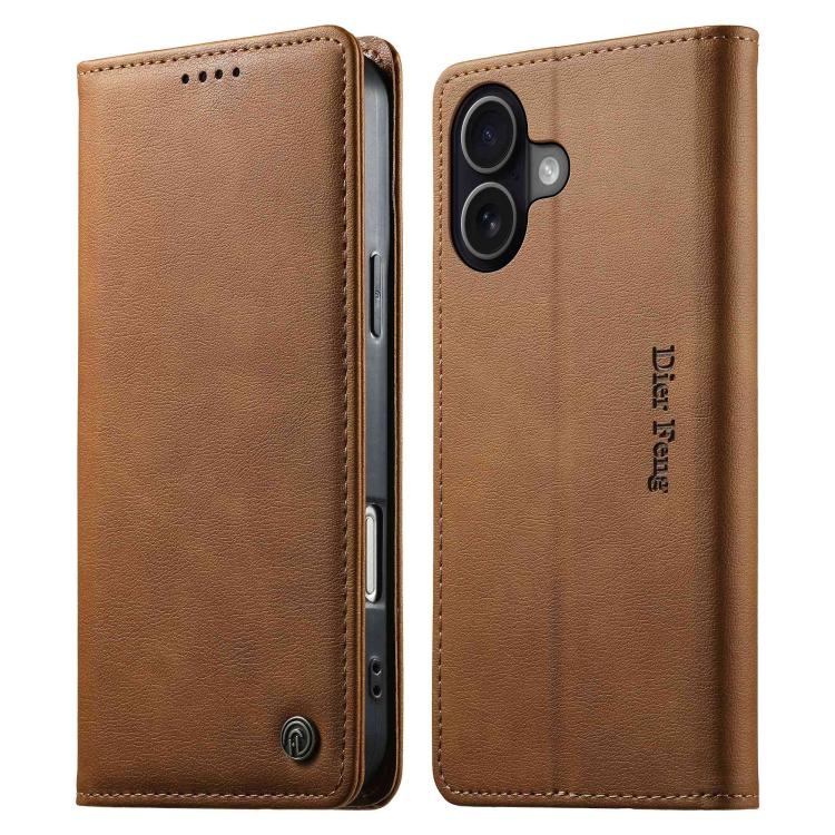 For iPhone 17 Dierfeng Metal Snap Magnetic RFID Vegan Leather Phone Case(Light Brown)