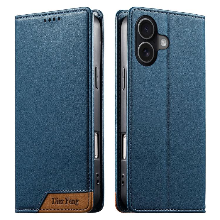 For iPhone 17 Dierfeng Splicing Strong Magnetic RFID Vegan Leather Phone Case(Blue)