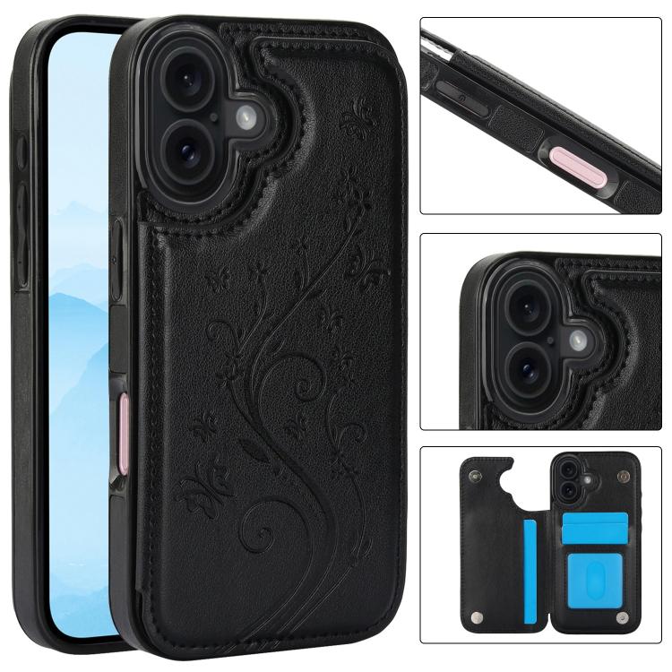 For iPhone 17 Double Buckle Butterfly Embossing PU Phone Case(Black)