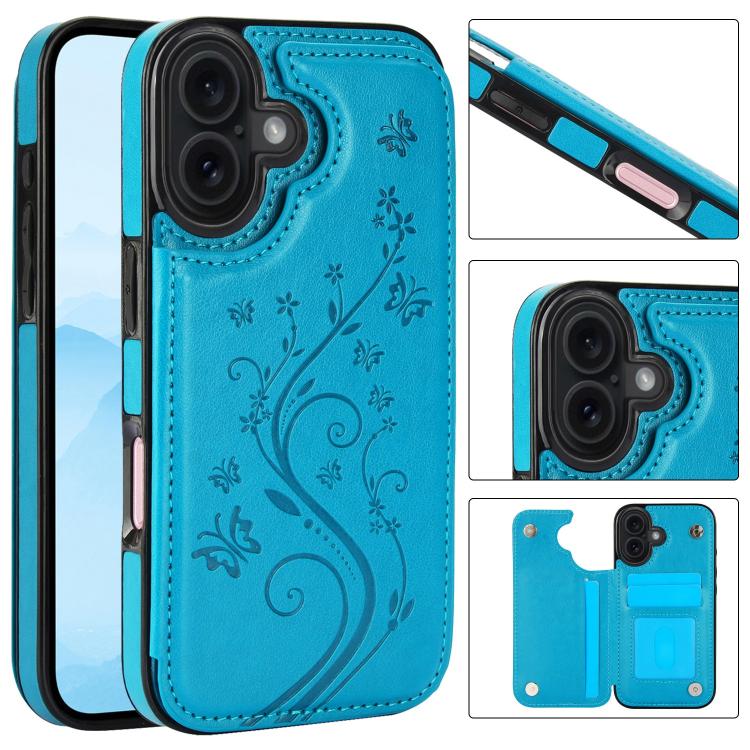 For iPhone 17 Double Buckle Butterfly Embossing PU Phone Case(Blue)