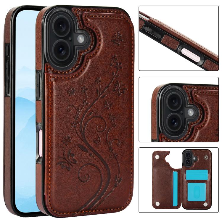 For iPhone 17 Double Buckle Butterfly Embossing PU Phone Case(Brown)