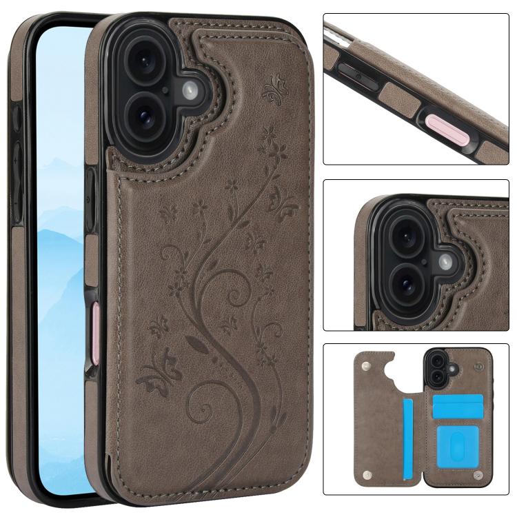 For iPhone 17 Double Buckle Butterfly Embossing PU Phone Case(Grey)