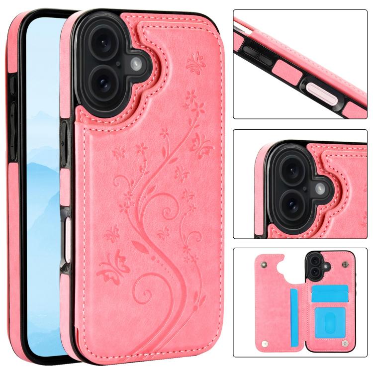 For iPhone 17 Double Buckle Butterfly Embossing PU Phone Case(Pink)