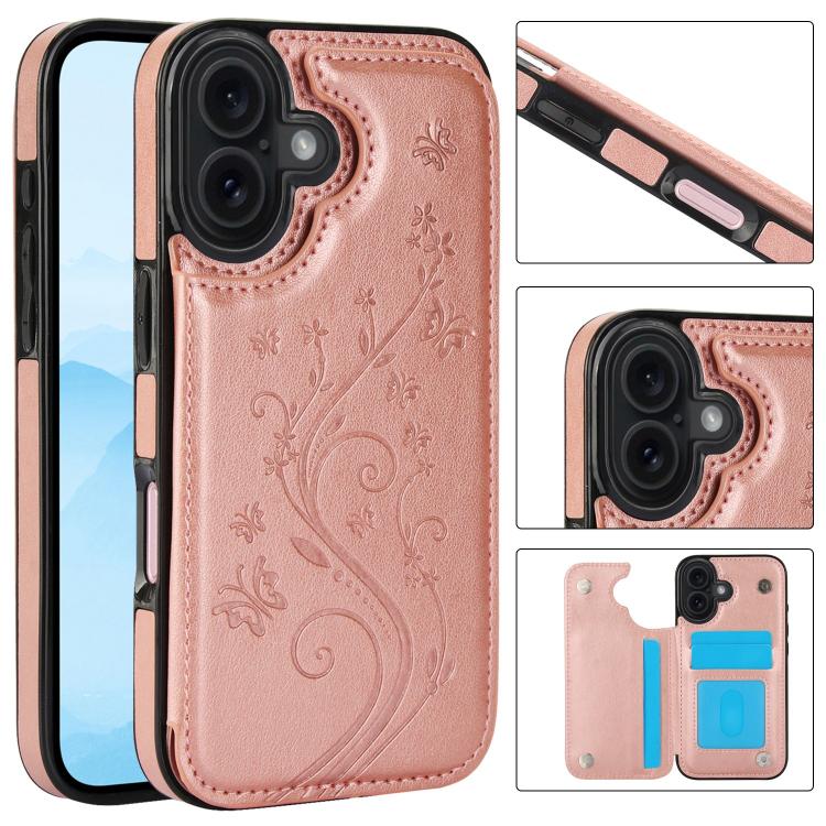 For iPhone 17 Double Buckle Butterfly Embossing PU Phone Case(Rose Gold)
