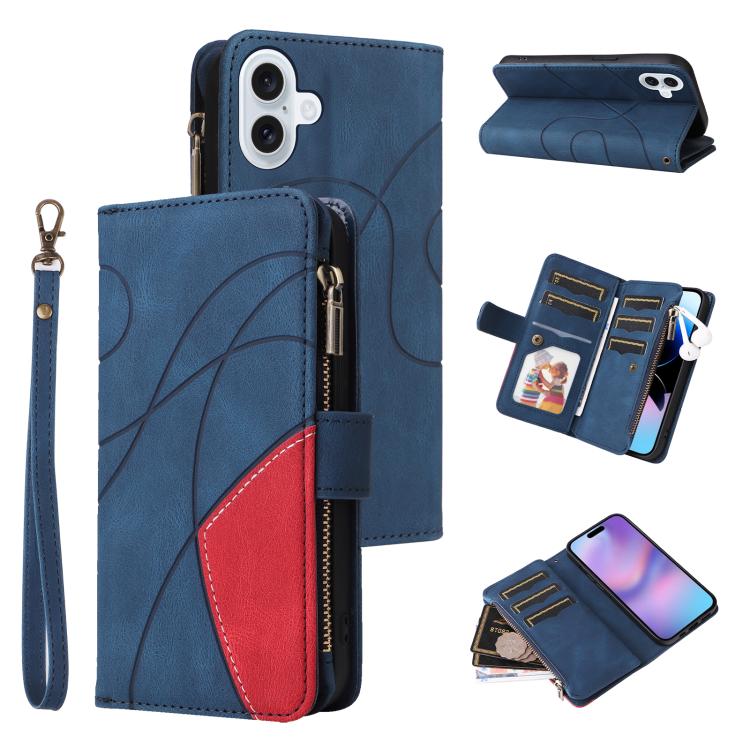 For iPhone 17 Dual-color 9 Card Slots Zipper Wallet Leather Phone Case(Blue)