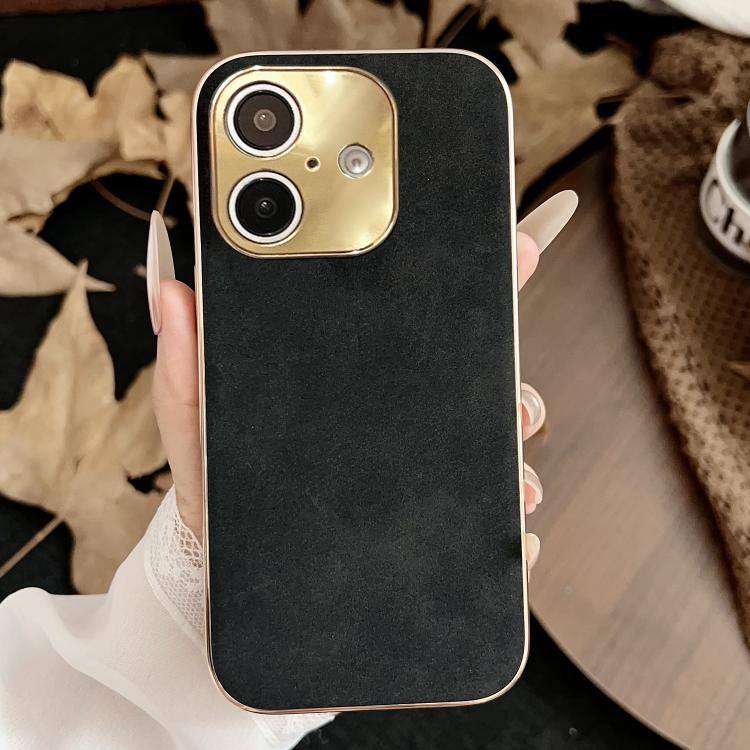 For iPhone 17 Electroplating Lambskin Leather Phone Case(Black)