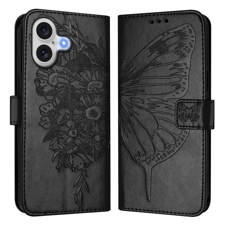 For iPhone 17 Embossed Butterfly Leather Phone Case(Black)