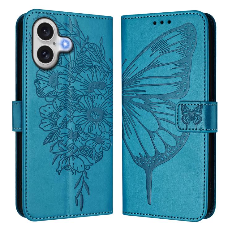 For iPhone 17 Embossed Butterfly Leather Phone Case(Blue)