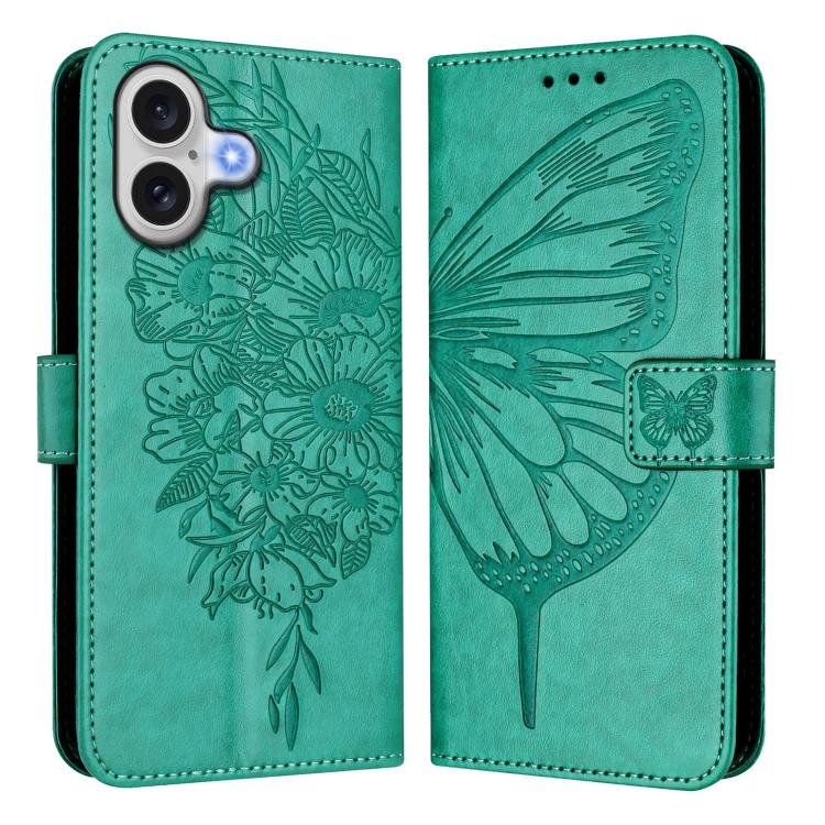 For iPhone 17 Embossed Butterfly Leather Phone Case(Green)