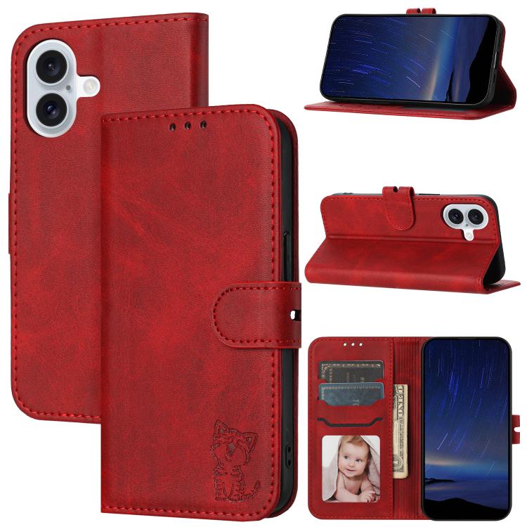 For iPhone 17 Embossed Happy Cat Pattern Flip Leather Phone Case(Red)