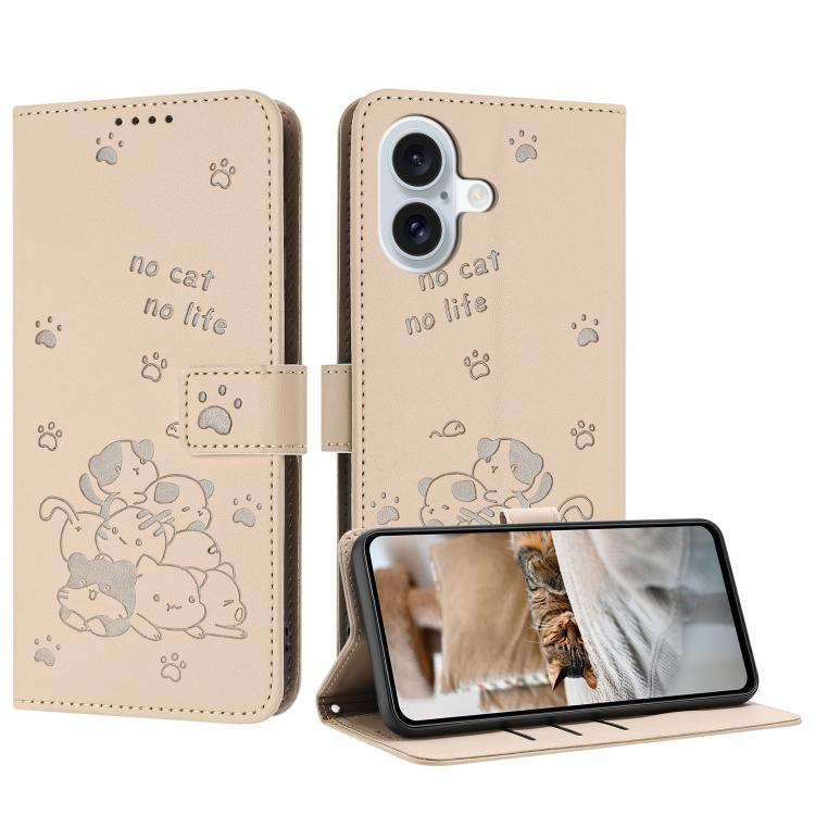 For iPhone 17 Embossed Kitten Phone Leather Case with Lanyard(Beige)