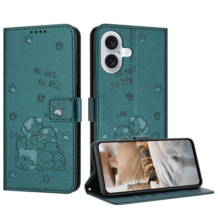 For iPhone 17 Embossed Kitten Phone Leather Case with Lanyard(Dark Green)