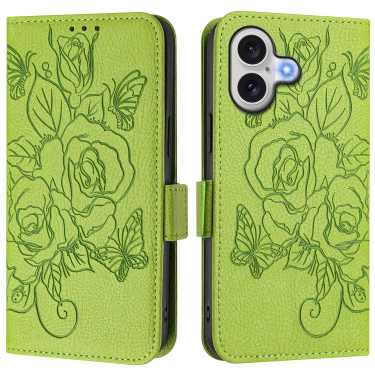 For iPhone 17 Embossed Rose RFID Anti-theft Leather Phone Case(Green)