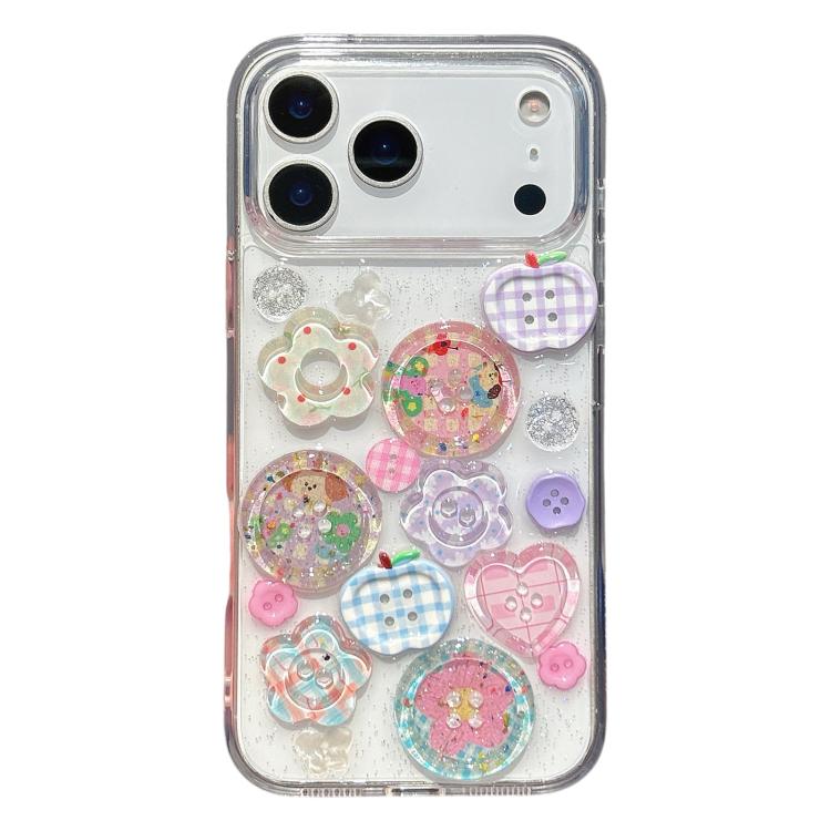 For iPhone 17 Epoxy Resin 3D Pattern Acrylic Transparent Phone Case(Flower Buttons)