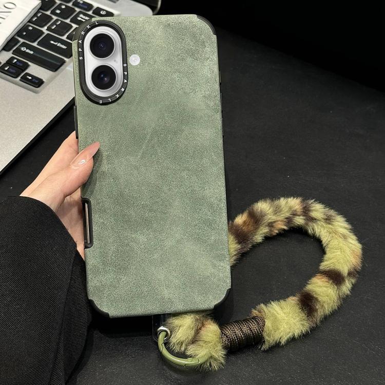 For iPhone 17 Faux Suede Fabric TPU Phone Case with Screen-printed Rabbit Plush Rope(Green)