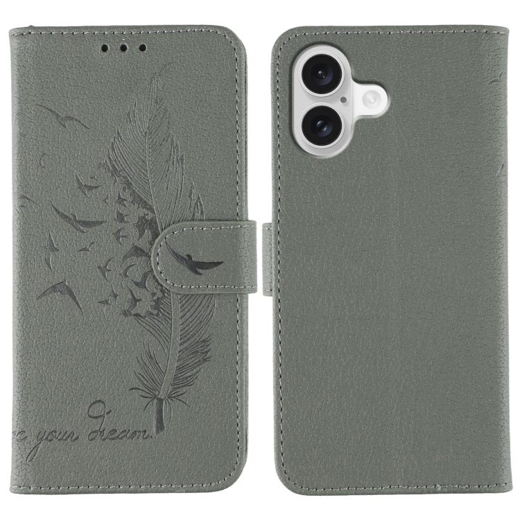For iPhone 17 Feather Pattern Litchi Texture Leather Phone Case(Gray)