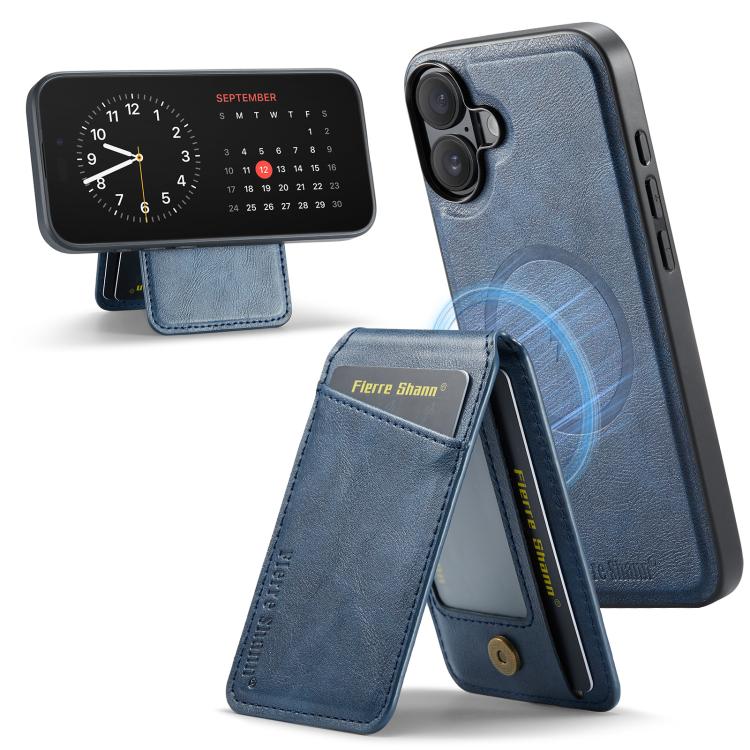 For iPhone 17 Fierre Shann Cowhide Vertical Flip Magnetic Card Holder Phone Case(Blue)