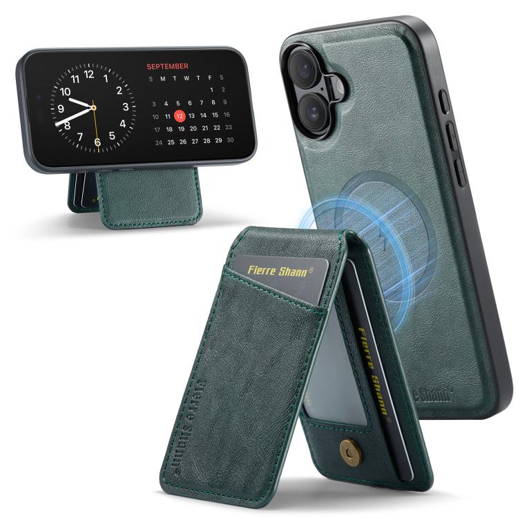 For iPhone 17 Fierre Shann Cowhide Vertical Flip Magnetic Card Holder Phone Case(Green)
