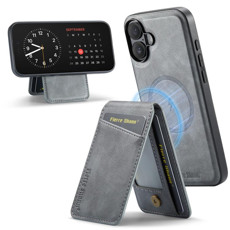 For iPhone 17 Fierre Shann Cowhide Vertical Flip Magnetic Card Holder Phone Case(Grey)