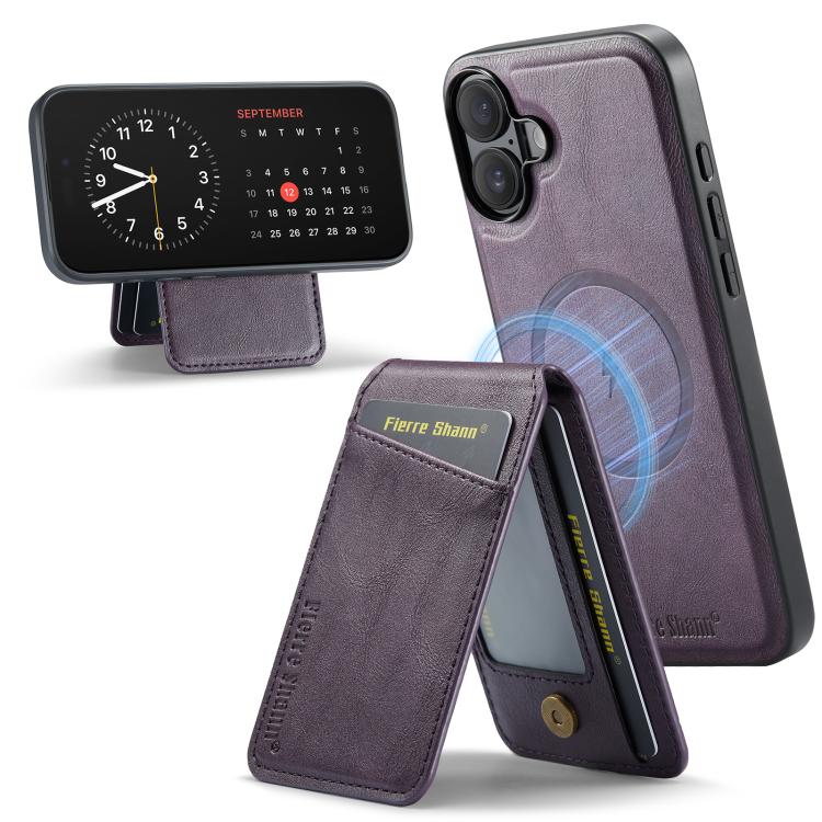 For iPhone 17 Fierre Shann Cowhide Vertical Flip Magnetic Card Holder Phone Case(Purple)