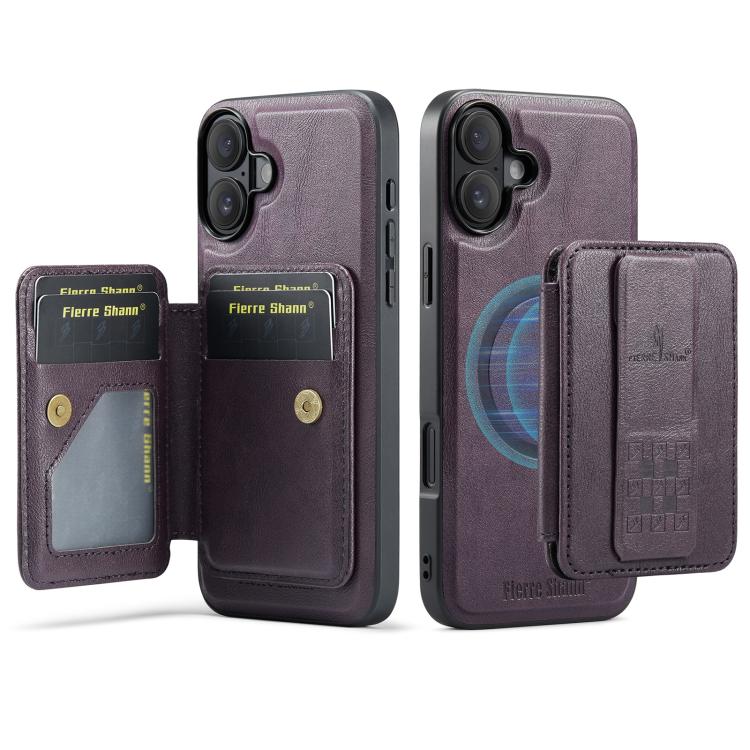 For iPhone 17 Fierre Shann Oil Wax Cow Leather Card Holder Back Phone Case(Purple)