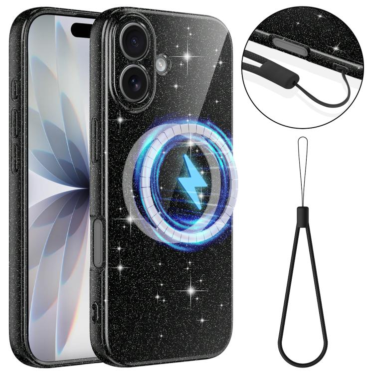 For iPhone 17 Fine Hole Glossy Glitter Magnetic TPU Phone Case with Same Color Hand Strap(Black)