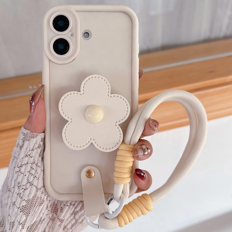 For iPhone 17 Floral Holder TPU Phone Case with PU Buckle Lanyard(Beige)