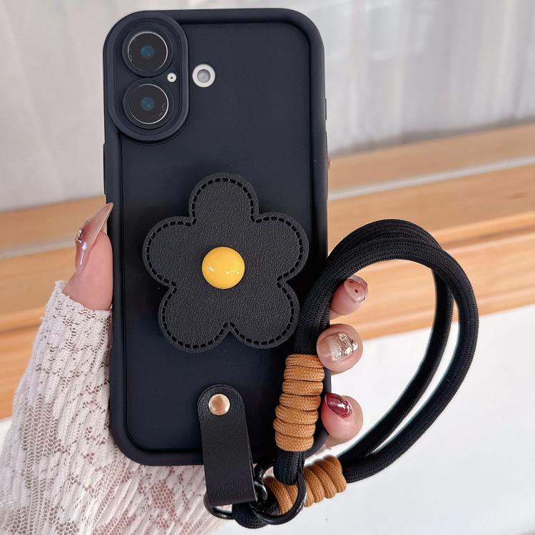 For iPhone 17 Floral Holder TPU Phone Case with PU Buckle Lanyard(Black)