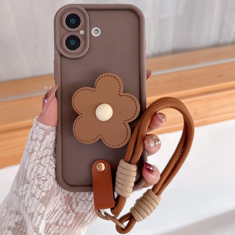 For iPhone 17 Floral Holder TPU Phone Case with PU Buckle Lanyard(Coffee)