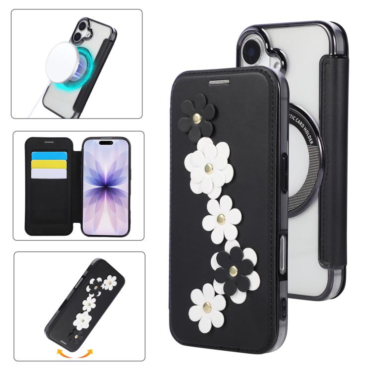 For iPhone 17 Floral Magnetic Electroplated Card Holder Vegan Leather Phone Case(Black)