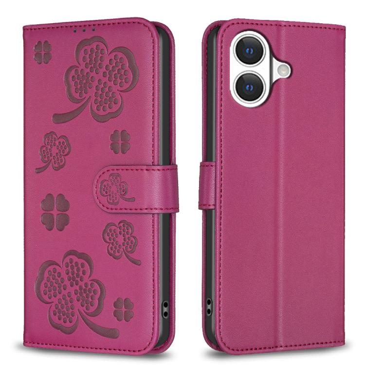 For iPhone 17 Four-leaf Embossed Leather Phone Case(Rose Red)
