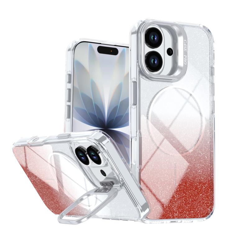 For iPhone 17 Glitter Gradient Magnetic Lens Frame Holder Phone Case(Red)