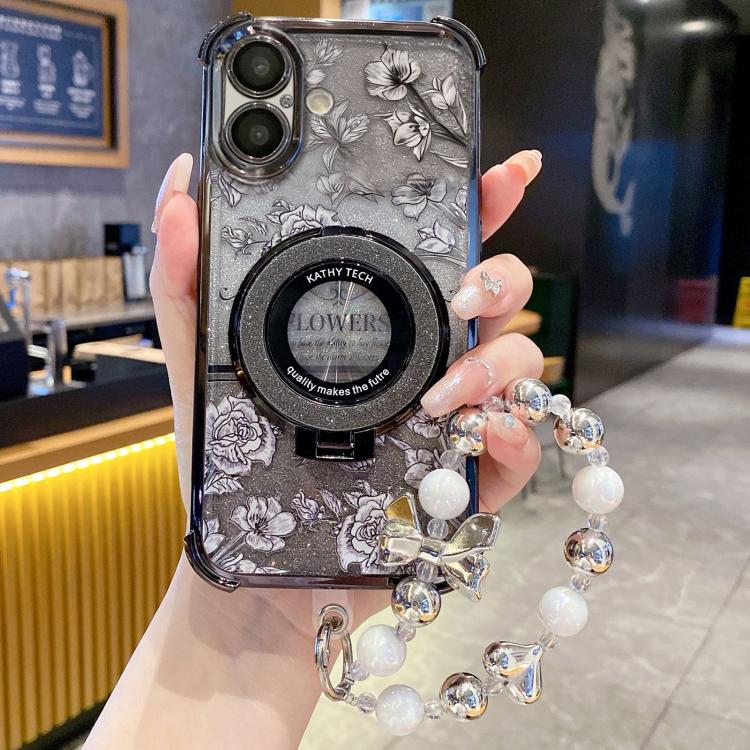For iPhone 17 Gradient Glitter Flowers Electroplated Phone Case with Wrist Strap(Black)