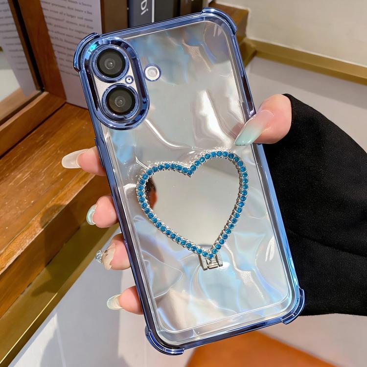 For iPhone 17 Heart-shaped Mirror Electroplated TPU + Acrylic Phone Case with Holder(Blue)