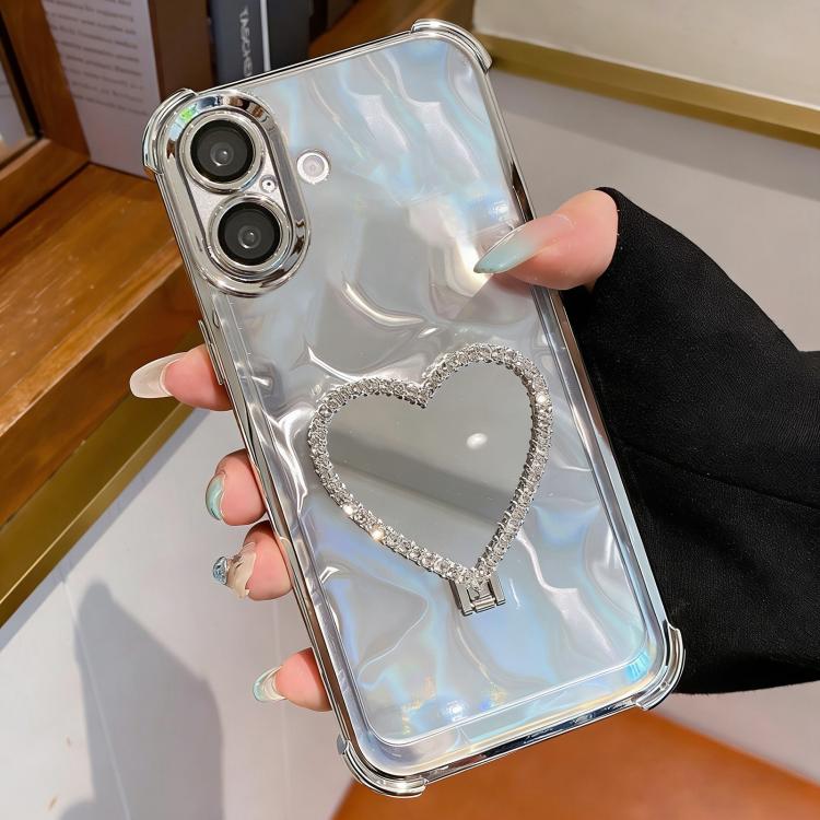 For iPhone 17 Heart-shaped Mirror Electroplated TPU + Acrylic Phone Case with Holder(Silver)