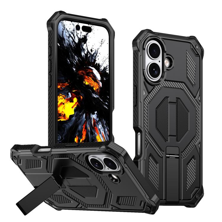 For iPhone 17 Hidden Metal Holder Magnetic Shockproof Phone Case(Black)