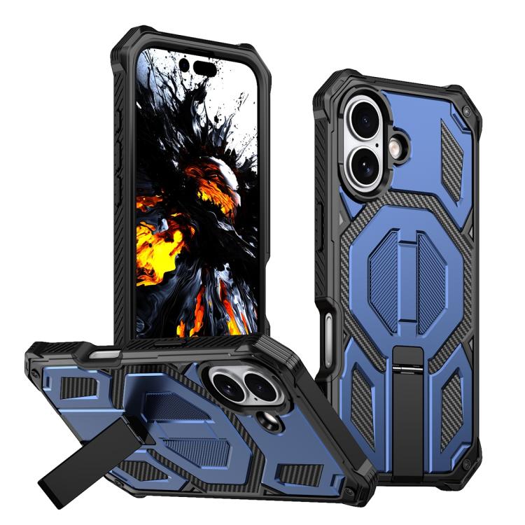 For iPhone 17 Hidden Metal Holder Magnetic Shockproof Phone Case(Navy Blue)