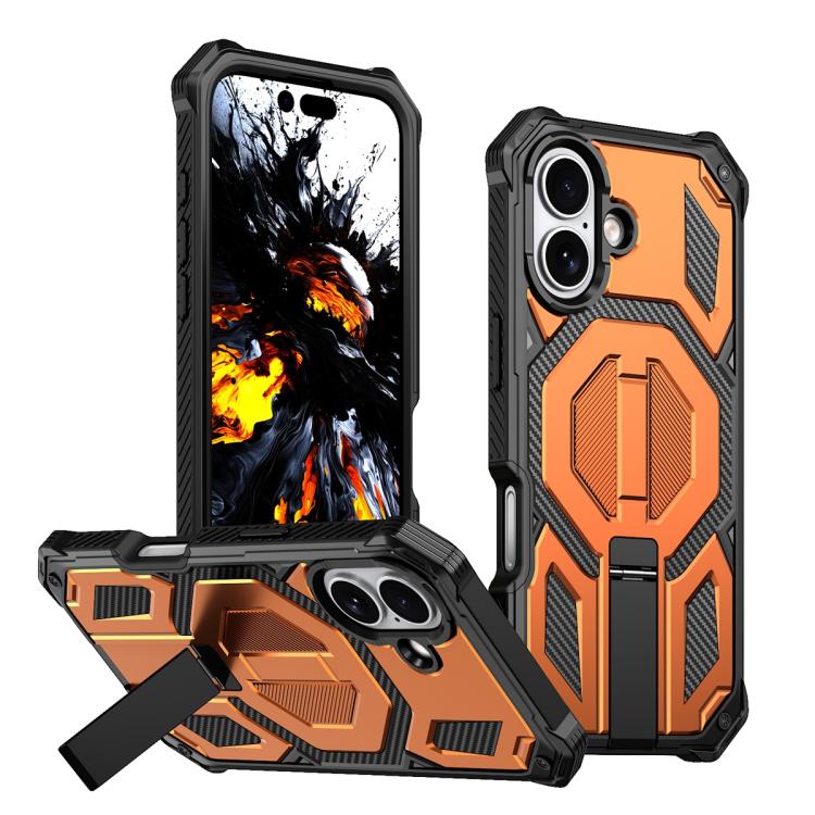 For iPhone 17 Hidden Metal Holder Magnetic Shockproof Phone Case(Orange)