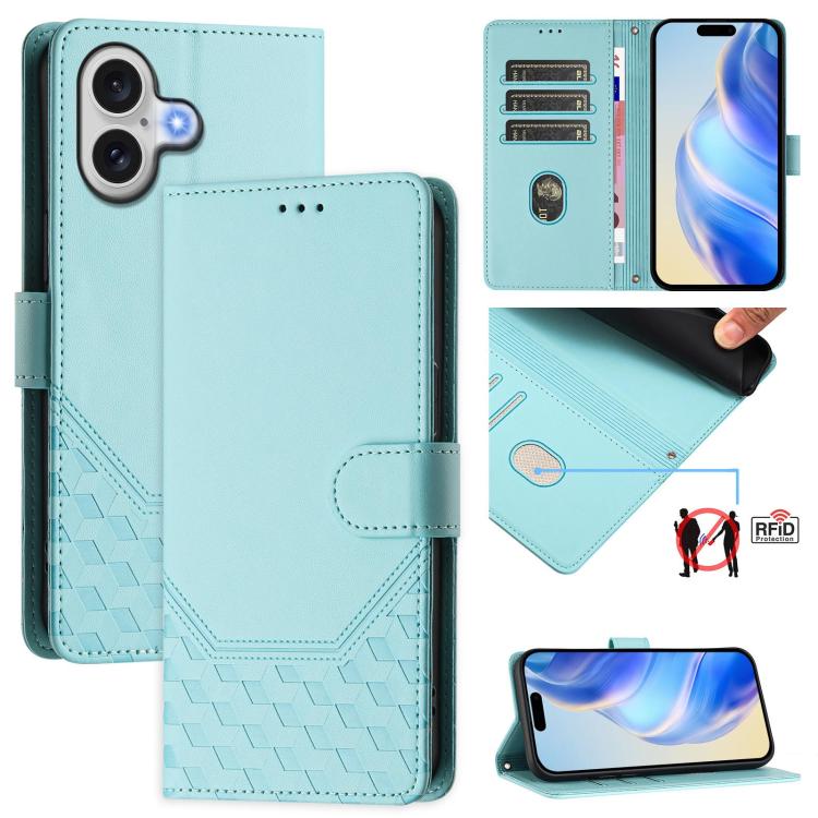 For iPhone 17 Honeycomb Embossing RFID Leather Phone Case(Mint Green)