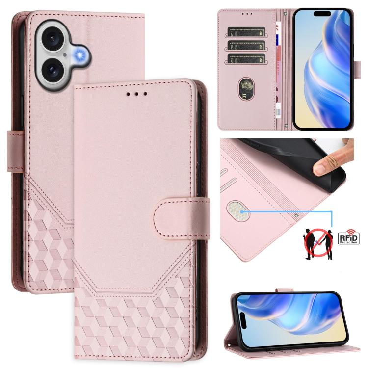 For iPhone 17 Honeycomb Embossing RFID Leather Phone Case(Pink)