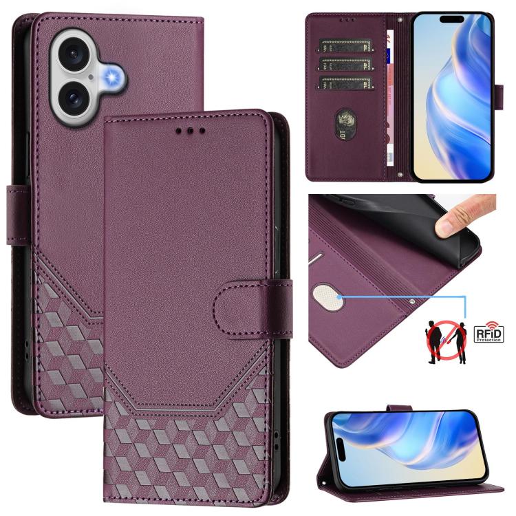 For iPhone 17 Honeycomb Embossing RFID Leather Phone Case(Violet)