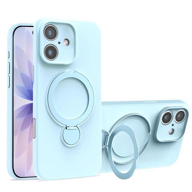 For iPhone 17 Liquid Silicone MagSafe Holder Phone Case(Light Blue)