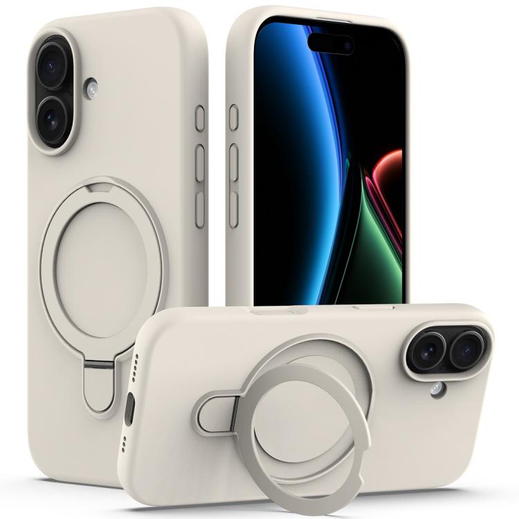 For iPhone 17 Liquid Silicone MagSafe Magnetic Phone Case with Ring Holder(Antique White)