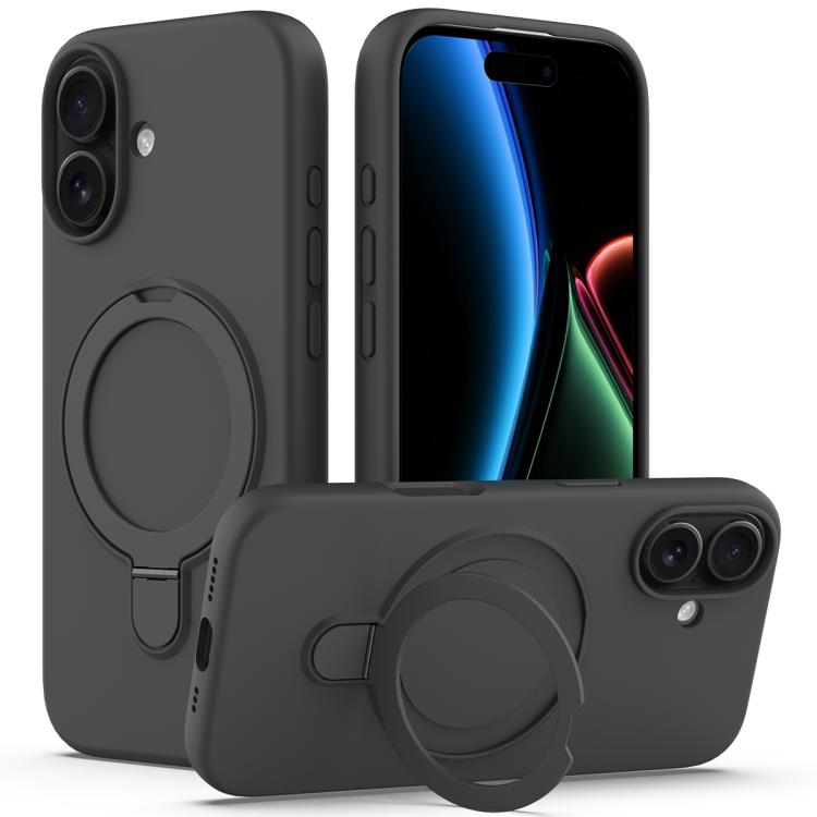 For iPhone 17 Liquid Silicone MagSafe Magnetic Phone Case with Ring Holder(Carbon Black)