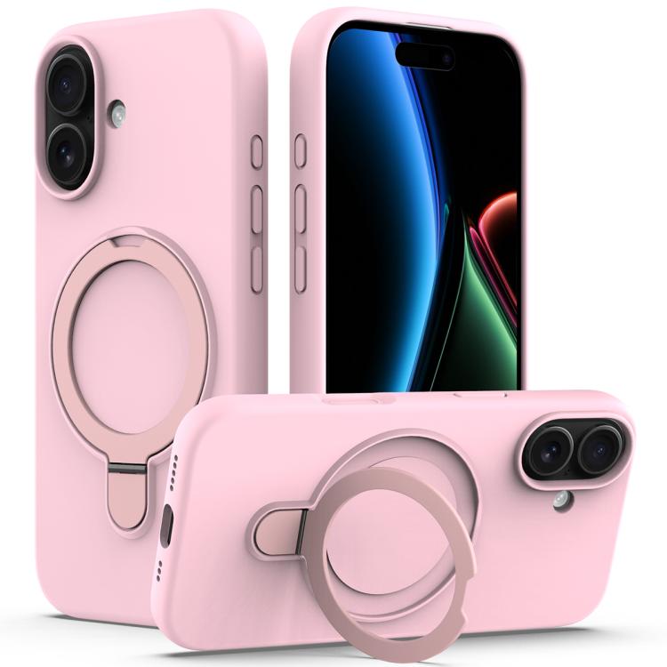 For iPhone 17 Liquid Silicone MagSafe Magnetic Phone Case with Ring Holder(Grey Pink)
